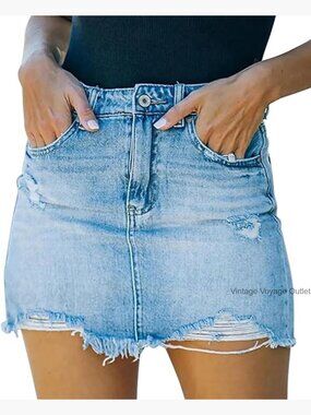 Mid Waist Zipper Denim Skirt Raw Hem Ripped Mini Pencil Fit